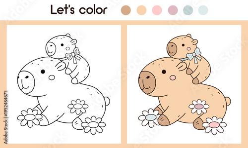 Capybara mom and baby coloring page with colorful sample printable worksheet for preschool, kindergarten kids. Mommy and me coloring book, Animal doodle outline.