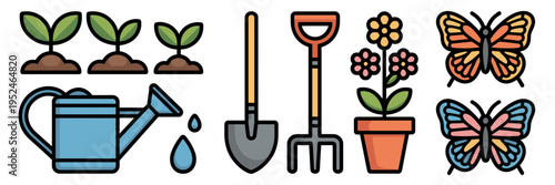 Colorful gardening vector icons with shovel rake and flower pots – Great for botanical websites, hobbyist content, or educational materials.