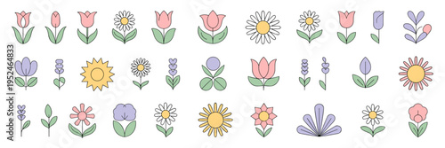 Flat design spring flowers with lavender and leaf icons – Great for wellness apps, beauty product packaging, or garden center ads.