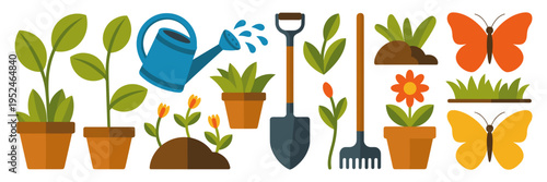 Gardening tools and spring element icons in flat design – Suitable for DIY project guides, landscaping services, or digital stickers.
