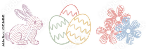 Hand drawn pastel Easter icons with sketchy bunny and eggs – Perfect for whimsical greeting cards, nursery art, or handmade branding.