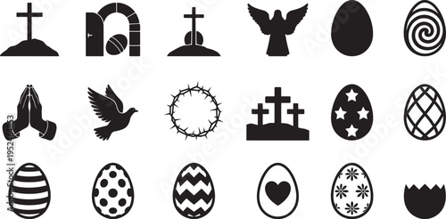 Collection of black silhouette vector icons representing various Christian Easter religious themes and decorated eggs.