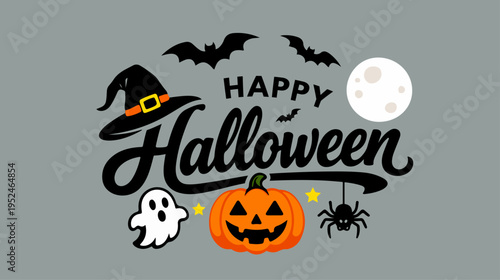 Happy Halloween greeting card design with cute ghost, pumpkin, witch hat and full moon, perfect for halloween greeting, halloween logo, gift tags, signs & party invitation