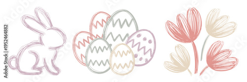 Artistic doodle Easter icons with brush stroke flowers – Great for creative blog posts, scrapbooking, or boutique shop promotions.
