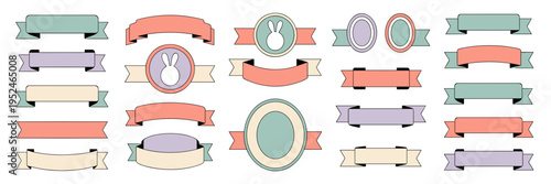 Flat vintage Easter labels with bunny badges and egg frames – Great for artisanal product packaging, bakery branding, or festive scrapbooking.