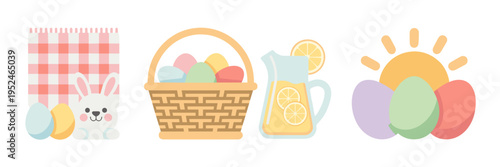 Flat Easter picnic icon set with blanket basket and lemonade – Perfect for spring event planning, food blogs, or seasonal marketing.