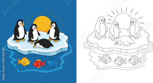 Cute cartoon penguins on iceberg in ocean with sun and fish including black and white coloring page version on white