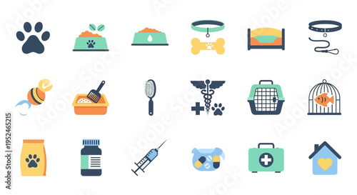 Assortment of flat design icons for diverse pet care, veterinary, and animal essentials on an isolated white background.