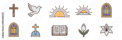 Religious Easter icons with church window bible and lily flower