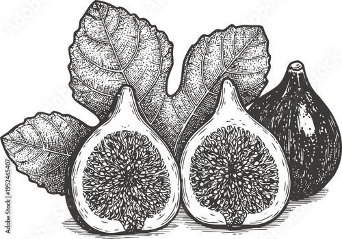 Vintage engraving of whole and halved ripe figs with leaves detailed botanical illustration
