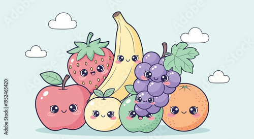 Group of happy cartoon fruits including strawberry, apples, banana, grapes, orange, and a green fruit with cute faces, on a light blue background with clouds.