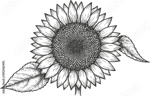 detailed black and white sunflower illustration with leaves, botanical floral drawing, natural plant design