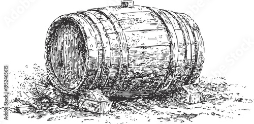 vintage wooden barrel lying on ground with detailed wood texture and metal hoops