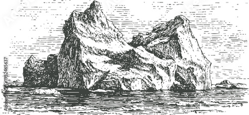 Vintage black and white illustration of iceberg floating in calm ocean water