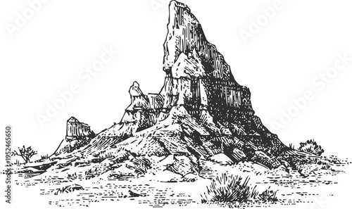 Desert mountain illustration rugged rocky peak with sparse vegetation and arid landscape details
