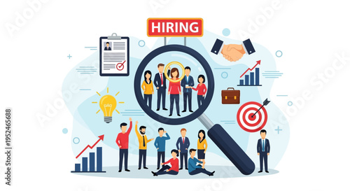 Diverse business team under a magnifying glass, surrounded by hiring, recruitment, and business growth icons, representing talent acquisition and strategic development.