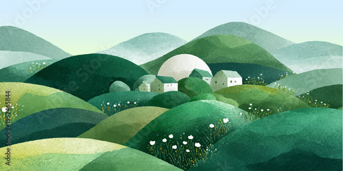 Watercolor landscape with green grass meadow and chamomile flowers. Spring countryside scenery featuring rolling hills, village houses under blue sky with fluffy clouds.