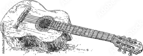 Classical acoustic guitar sketch detailed hand drawn musical instrument illustration with strings and tuning pegs