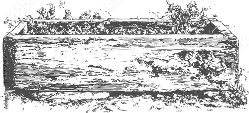 Old wooden planter box with soil and garden debris, rustic garden container illustration