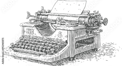 Vintage typewriter with paper sheet classic writing machine illustration in retro