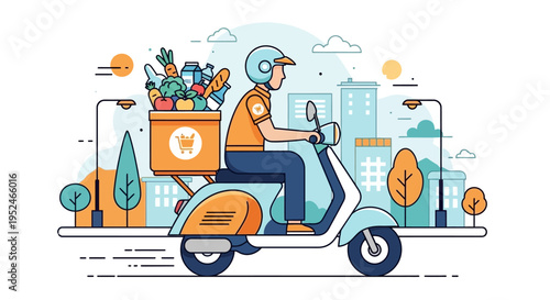 Happy man riding a scooter for food delivery with a grocery bag, depicting online ordering and efficient service in a bright city street.