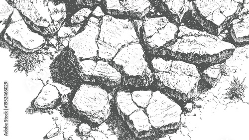 cracked dry earth ground with scattered rocks and sparse vegetation illustration