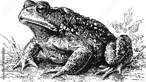 Illustration of a detailed toad sitting on the ground with textured skin and natural environment accents