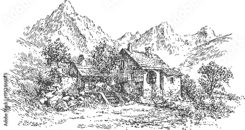 Rustic mountain cabin nestled in forest clearing with distant peaks and natural landscape