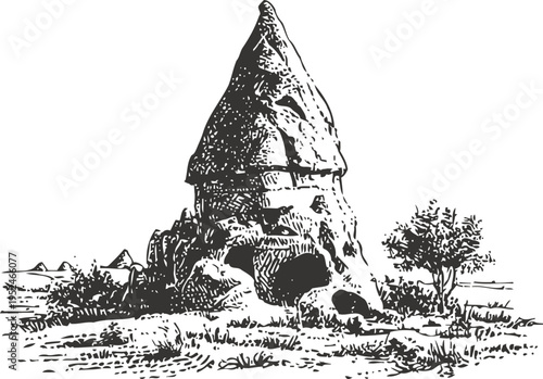 Ancient stone termite mound in savannah landscape with small tree and grass details