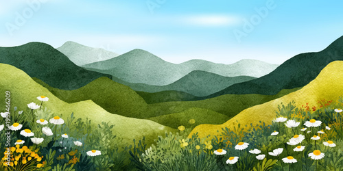 Watercolor landscape with green grass field and blue sky. Spring meadow background with clouds, hills, and nature scenery for posters or banners. Vector Illustration.