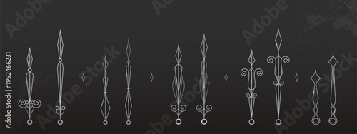 Vintage metal fence elements set isolated on black background. Vector realistic illustration of shiny steel ironwork spikes with elegant scrolls, gothic ornamental pattern, architectural railing decor