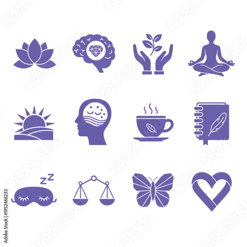 A collection of purple icons representing mental health and wellness