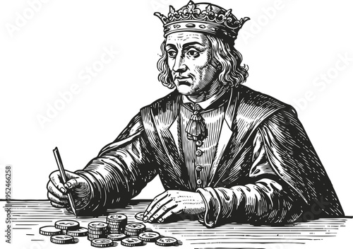Medieval king counting coins with pen and crown, vintage engraving of royal money and wealth