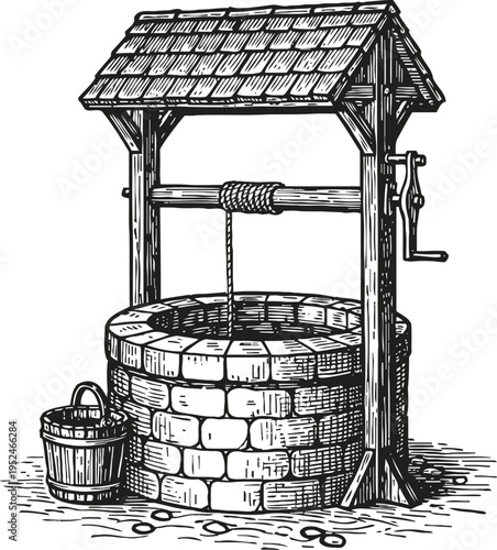 Old fashioned water well with stone wall and wooden roof hand crank bucket vintage illustration