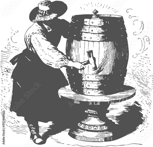 Vintage woman in bonnet tapping wooden barrel with mallet on round pedestal table