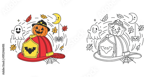 Halloween Firefighter Helmet with Pumpkin Ghost and Spider Illustration - Colored and Line Art Versions for Kids Coloring Page Activities
