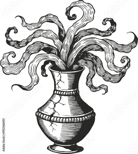 Cracked ceramic vase with flowing tentacle like shapes emerging, black and white vintage ink drawing