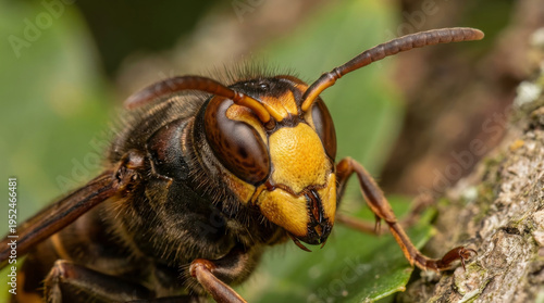Extreme macro of Asian hornet showing detailed face and mandibles, an invasive species threat to bees