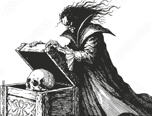 Gothic vampire opening coffin with skull inside, dark horror illustration in black and white