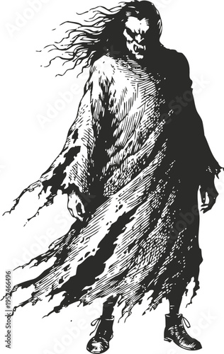 Sinister ghostly figure with torn robes and flowing hair, eerie supernatural horror character illustration