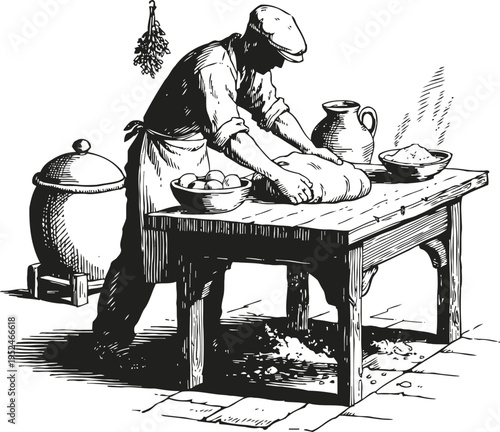 vintage baker preparing dough on wooden table in traditional kitchen with pottery and ingredients