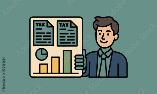 A smiling businessman presents a tablet displaying tax forms charts and financial data high quality