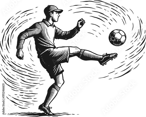 Soccer player kicking ball action pose, dynamic sports motion, athletic move