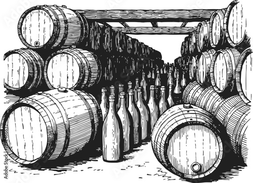 Wine cellar interior with wooden barrels and wine bottles stacked in rows storage room