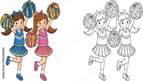 Outdoor basketball hoop and court with green trees including black and white coloring page version isolated on white background,