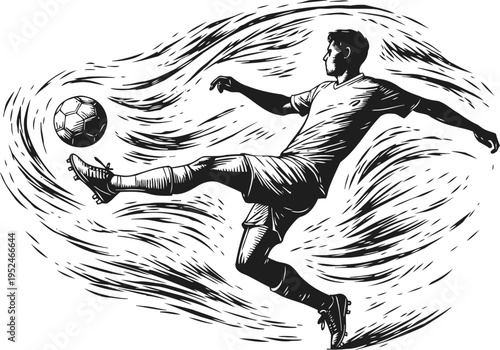 soccer player kicking ball with dynamic motion lines in black and white vintage