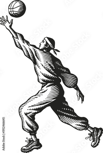 man playing basketball reaching out to catch ball with one hand in athletic pose