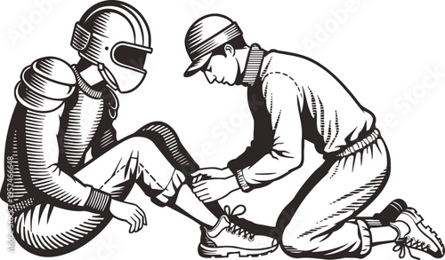Sports trainer helping athlete with ankle support before race, teamwork and preparation concept