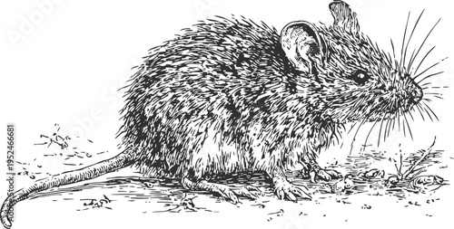 Detailed black and white illustration of a mouse with fine fur and whiskers, sitting on the ground