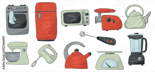 kitchen appliances including oven, refrigerator, microwave, toaster, kettle, blender, mixer and scale in retro cooking tools for culinary and Kitchen essentials stuff cookware utensil illustration